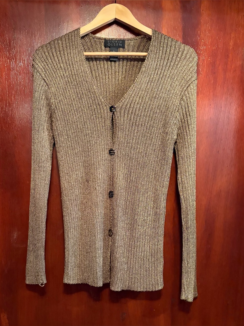 Sigrid Olsen Metallic Bronze Ribbed V-Neck Button Cardigan
